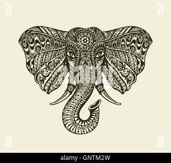 Vintage graphic indian elephant. Floral pattern in ethnic style. Vector illustration Stock Vector