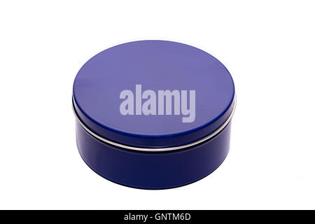 Blue metal round box. Isolated on white background with copy space Stock Photo