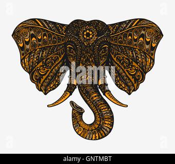 Hand drawn indian elephant head. Ethnic patterns. Vector illustration Stock Vector