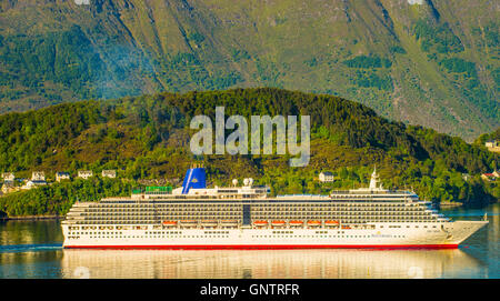 View of Cruise Ship Arcadia from Mount Aksla navigating in Outer Fjord of Alesund, Norway, More Og  Romsdal, Scandanavia Stock Photo