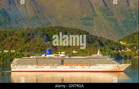 View of Cruise Ship from Fjellstua, Mount Aksla navigating in Outer Fjprd of Alesund, Norway, More Og Romsdal, Scandanavia Stock Photo