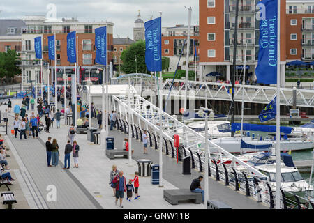 The Gunwharf Quays promenade in Portsmouth on a chilly 'summer' day. Stock Photo