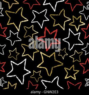 Seamless pattern with hand drawn star doodles in gold and red colors ideal for christmas background. EPS10 vector. Stock Vector