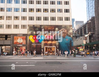 The Uniqlo store on Fifth Avenue in New York is decorated with a mural feating top seed tennis player Novak Djokovic, seen on Monday, August 29, 2016. The U.S. Open starts today in Queens and Uniqlo sponsors Djokovic. (© Richard B. Levine) Stock Photo