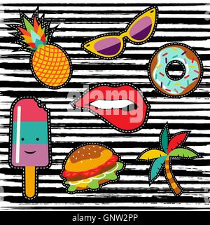 Set of cute colorful patch badges for embroidery or stickers with happy summer designs. EPS10 vector. Stock Vector