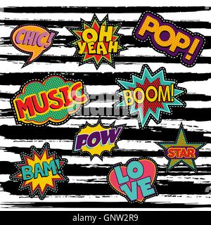 Set of pop art text stickers or patch designs with retro 80s comic book speech bubbles. EPS10 vector. Stock Vector