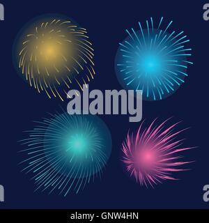 Holiday celebration fireworks set vector illustration. Blue, green, yellow and purple firework explosions on the night sky. Stock Vector