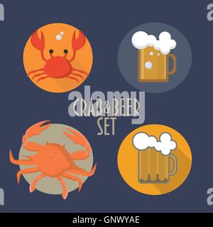 Crab and beer icons set. Crab and beer festival. Crab icon. Beer Mug icon. Stock Vector