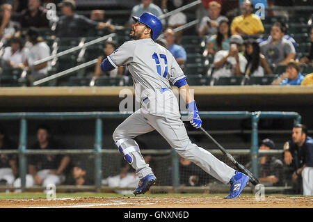 Lancaster, CA, USA. 31st Aug, 2016. Andre Ethier of the Los Angeles Dodgers makes a rehab appearance with Rancho Cucamonga Quakes against Lancaster JetHawks. Ethier goes 2 for 4 with a double and an RBI but the Quakes fall to Lancaster in 15-1 rout. Credit:  Ross Way/Alamy Live News Stock Photo