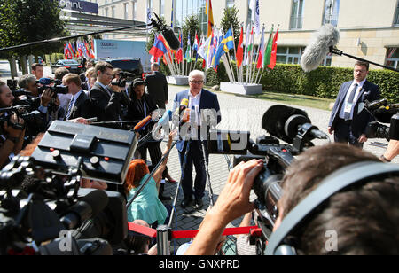 Potsdam, Germany. 1st Sep, 2016. German Minister for Foreign Affairs Frank-Walter Steinmeier giving a press statement before the start of the OSCE conference in Potsdam, Germany, 1 September 2016. The Minister for Foreign Affairs of the OSCE states follow the invitation of German Minister for Foreign Affairs Steinmeier (SPD) for a special meeting. PHOTO: WOLFGANG KUMM/dpa/Alamy Live News Stock Photo
