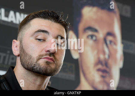 Hamburg, Germany. 01st Sep, 2016. Professional boxer Nathan Cleverly of Great Britian during press conference in a venue on the St. Pauli Piers in the Port of Hamburg in Hamburg, Germany, 01 September 2016. On 01 October Cleverly wants to secure the WBA light heavyweight title in a World Championship match against Juergen Braehmer at the Jansportforum in Neubrandenburg. Photo: CHRISTIAN CHARISIUS/dpa/Alamy Live News Stock Photo