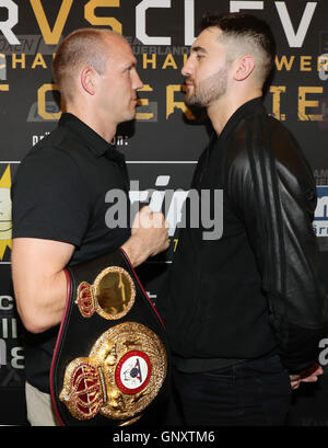 Hamburg, Germany. 01st Sep, 2016. professional boxers Juergen Braehmer of Germany and Nathan Cleverly (R) of Great Britain pose after a press conference in a venue on the St. Pauli Piers in the Port of Hamburg in Hamburg, Germany, 01 September 2016. On 01 October Braehmer will defend his WBA light heavyweight title in a World Championship fight against Cleverly at the Jansportforum in Neubrandenburg. Photo: CHRISTIAN CHARISIUS/dpa/Alamy Live News Stock Photo