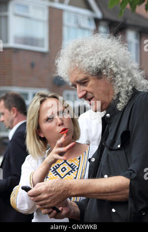 Feltham, London, England, UK. 1st September 2016.  Brian May from rock group Queen gives an interview after unveiling an English Heritage Blue Plaque for the former lead singer Freddie Mercury. On what would have been Freddie's 70th birthday the Blue Plaque showing his birth name Fred Bulsara was unveiled on his former home at Feltham in West London, where he lived with his family in the 1970's. Credit:  Julia Gavin UK/Alamy Live News Stock Photo