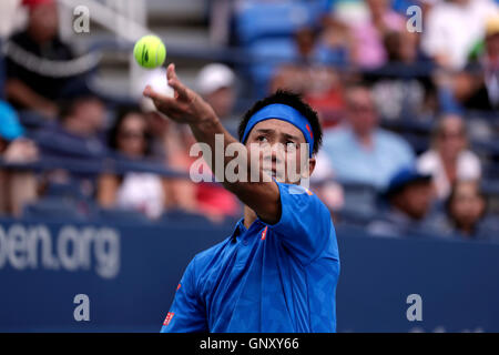New York, United States. 01st Sep, 2016. Number 6 seed Kei Nishikori of Japan serving during his second round match against Karen Khachanov at the United States Open Tennis Championships at Flushing Meadows, New York on Thursday, September 1st. Credit:  Adam Stoltman/Alamy Live News Stock Photo