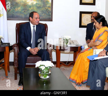 New Delh, New Delh, India. 1st Sep, 2016. Egyptian President Abdel Fattah El-Sisi meets with Indian Minister of External Affairs, Sushma Swaraj, in New Delhi on September 1, 2016. El-Sisi is on a three-day state visit in India Credit:  Egyptian President Office/APA Images/ZUMA Wire/Alamy Live News Stock Photo
