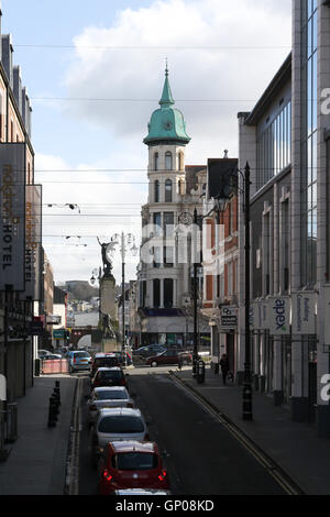 Looking down Butcher Street in Derry towards The Diamond in the centre of The Walled City. Stock Photo