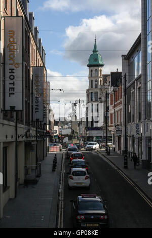 Looking down Butcher Street in Derry towards The Diamond in the centre of The Walled City. Stock Photo