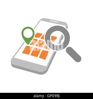 mobile phone with geo map marking and magnifying glass as gps location searching symbol abstract vector illustration isolated on Stock Vector