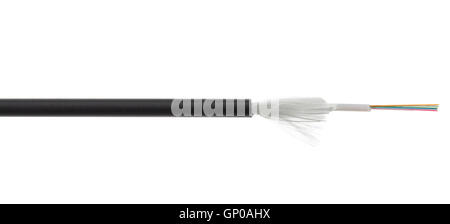 Fiber optical cable detail isolated on white background. Loose tubes with optical fibres and central strenght member including w Stock Photo