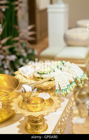 Setup for hand pouring in Thai wedding ceremony. Stock Photo