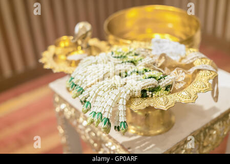 Setup for hand pouring in Thai wedding ceremony. Stock Photo