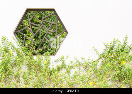 Chinese hexagon style window on the wall at backyard gardening, copy space. Stock Photo