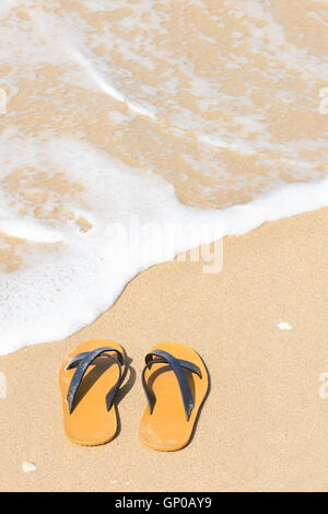 Tropical vacation concept - Flipflops on a sandy beach Stock Photo