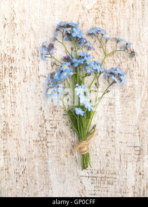 Blue forget-me-not flowers bouquet tied with jute rope on the rustic white painted background Stock Photo