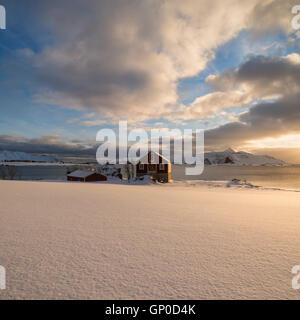Barn in coastal winter landscape, Vestvågøy, Lofoten Islands, Norway Stock Photo