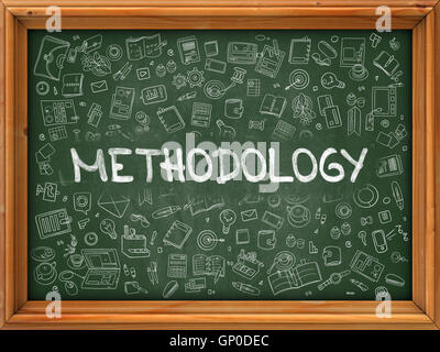 Methodology Concept. Line Style Illustration. Methodology Handwritten on Green Chalkboard with Doodle Icons Around. Doodle Desig Stock Photo