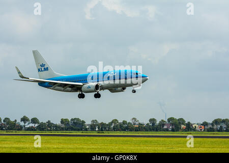 Schiphol Airport, the Netherlands - August 20, 2016: KLM boeing 737-800 landing Stock Photo