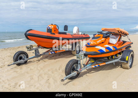 Kijkduin , the Netherlands - July 13, 2016: beach rescue boats on their trailers Stock Photo