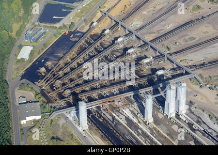 AERIAL VIEW. Junction of conveyor belts at the Garzweiler Coal Mine. Jüchen, North Rhine-Westphalia, Germany. Stock Photo