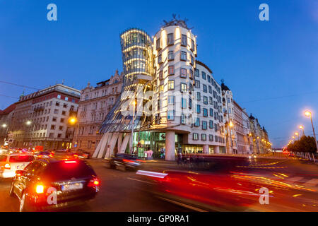 Building by Frank Gehry Dancing House Prague building facade Czech Republic night coming Prague blue hour Stock Photo