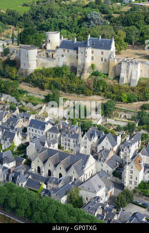 AERIAL VIEW. Royal fortress of Chinon overlooking the medieval village of the same name. Indre-et-Loire, Centre-Val de Loire, France.