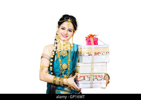 1 Beautiful Adult Bride Tamil Woman Diwali gift showing Stock Photo