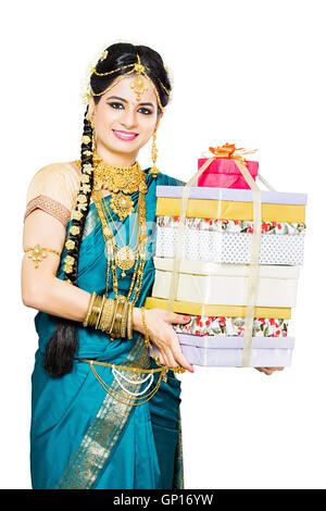 1 Beautiful Adult Bride Tamil Woman Diwali gift showing Stock Photo