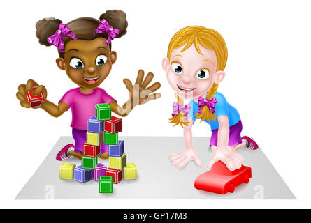 Cartoon girls playing with toys, with toy building blocks and a toy red car Stock Photo