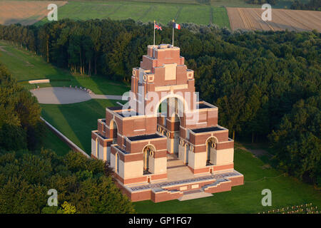 AERIAL VIEW. World War One memorial to missing British servicemen. Thiepval, Somme, Hauts-de-France, France. Stock Photo