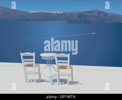 Two white chairs and trivet table stands on the caldera view tarrace at Santorini island,  Greece, vector illustration Stock Vector