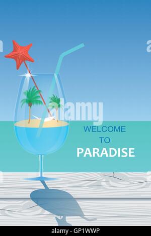 Paradise island with palm trees and hammock is in the cocktail glass standing on the  wooden cracked table on the turquoise sea Stock Vector