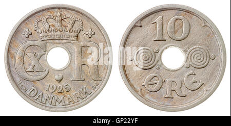 Nickel 10 ore 1925 coin isolated on white background, Denmark Stock Photo