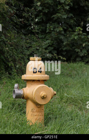 Yellow Kennedy K-81 dry barrel fire hydrant located in a grass verge on an old USAF / RAF airfield in Cotswolds, England, GB Stock Photo