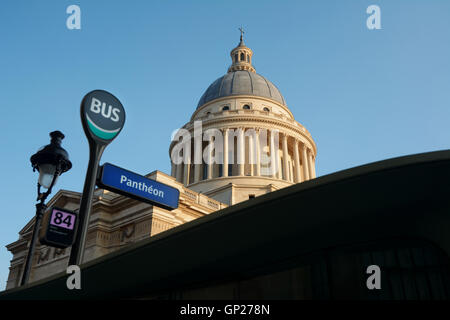 France, Paris, the dome of Pantheon with sign, lantern and bus stop Stock Photo