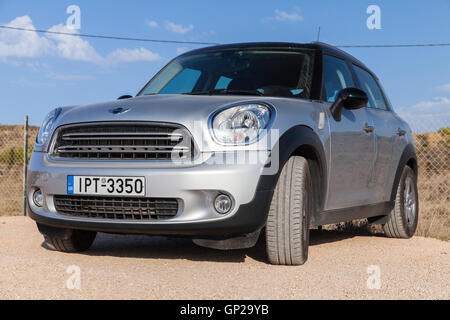 Zakynthos, Greece - August 18, 2016: Silver gray Mini Countryman subcompact crossover, closeup photo with selective focus Stock Photo