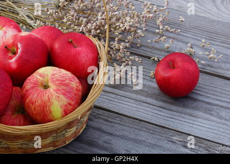 Basket with apples on a wooden table. Seasonal grass in the background. Stock Photo