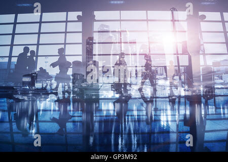 business background, people walking in airport, double exposure Stock Photo