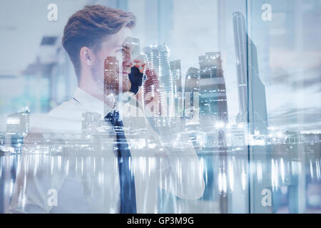 business double exposure background, businessman calling by phone in modern city Stock Photo