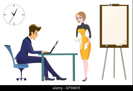 Boss and secretary in the office of the head. She with documents in hand near the flip chart. The working process. Stock Vector