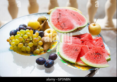 dish with fruit and watermelon Stock Photo